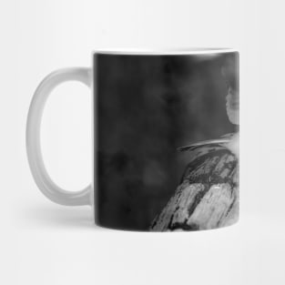 Chickadee taking flight in black and white. Mug